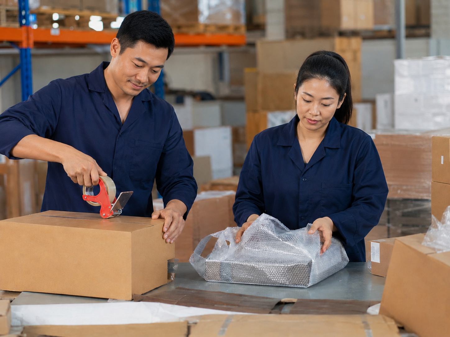 Warehouse team repacking goods into shipping boxes