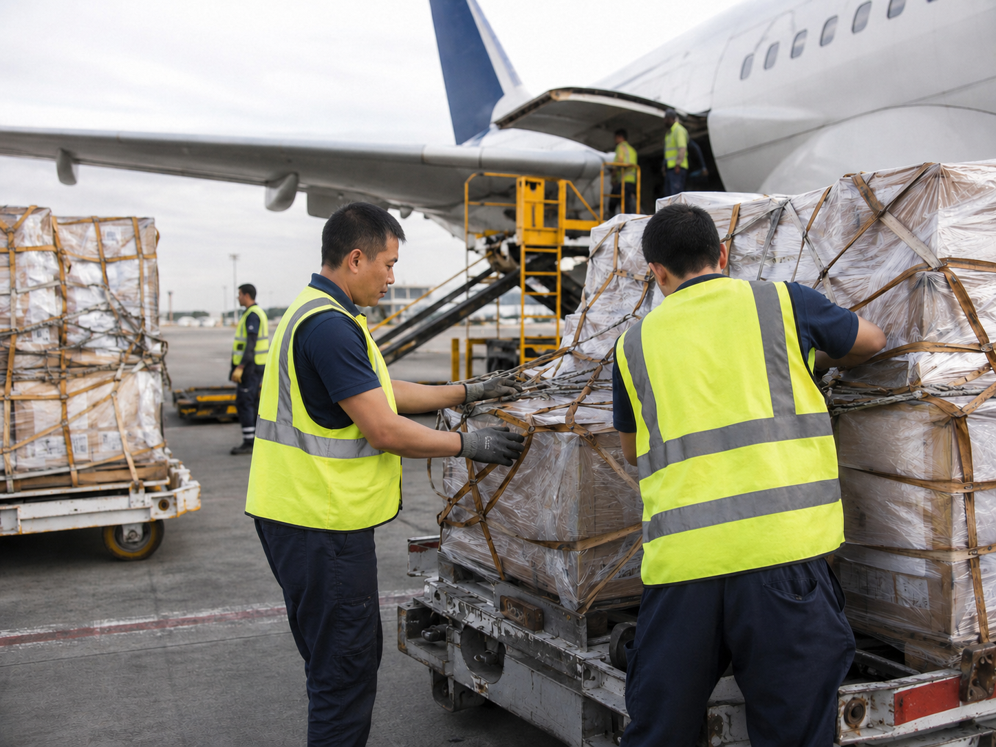Airport freight handlers loading cargo for customs clearance