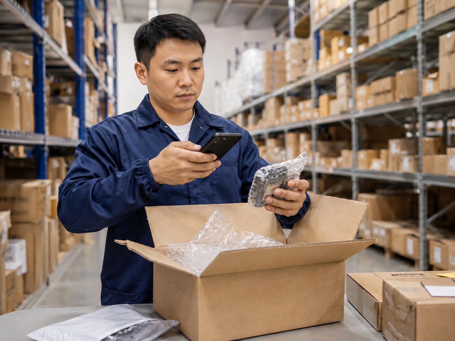 Warehouse worker inspecting a parcel with a phone
