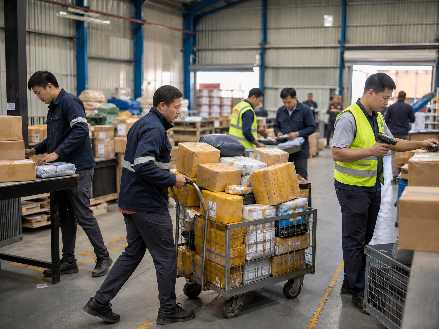 Warehouse team sorting and storing parcels